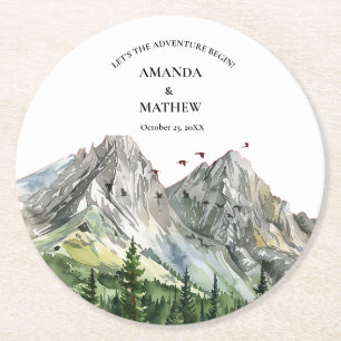 Rustic Woodland Mountain Forest Pine Wedding Round Paper Coaster