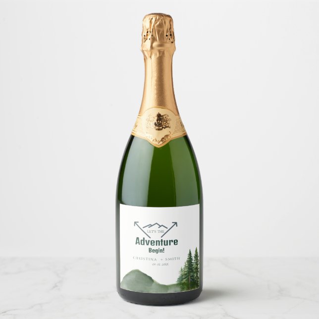Rustic Woodland Mountain Forest Pine Wedding Sparkling Wine Label (Front)