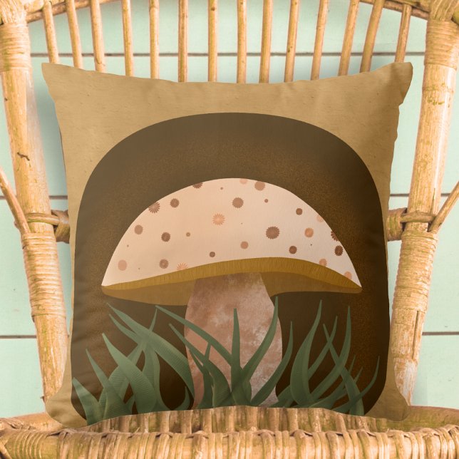 Rustic Woodland Mushroom Cute Throw Pillow (Rustic Woodland Mushroom Cute Throw Pillow. Illustration, Home Decor, Cute, Earthy, Nature, Brown)