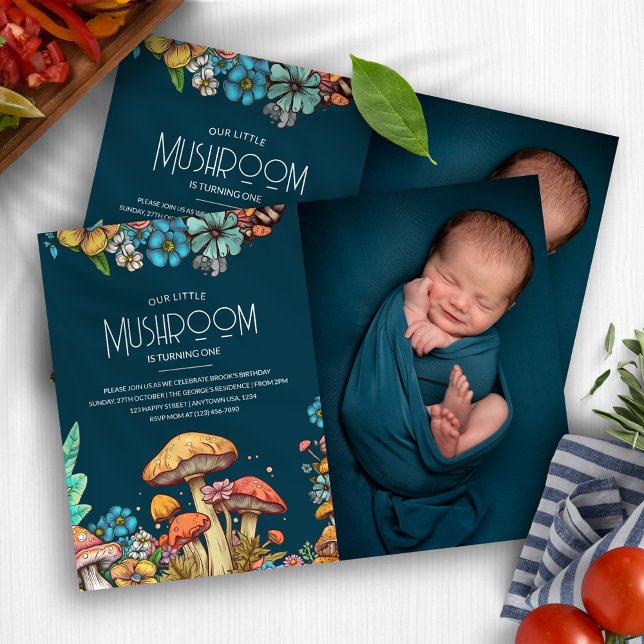Rustic Woodland Mushroom Fungi 1st Birthday Photo Invitation (Rustic Woodland Mushroom Fungi 1st Birthday Photo Invitation)