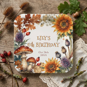 Rustic Woodland Mushroom Sunflower Autumn Birthday Paper Plate
