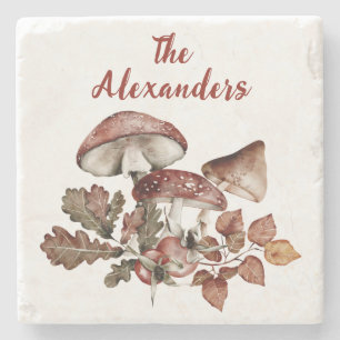 Rustic Woodland Mushroom Watercolor Monogram Stone Coaster