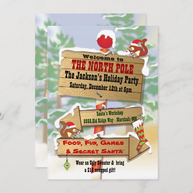 Rustic Woodland North Pole Signs Holiday Party Invitation (Front/Back)