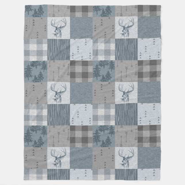 Rustic Woodland Patchwork Fleece Blanket - Blue (Front)