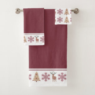 Rustic Woodland Pattern Maroon Tan Christmas Bath Towel Set