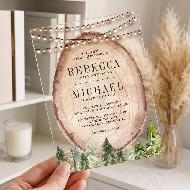Rustic Woodland Pine Forest Wood Slice Wedding Acrylic Invitations (Creator Uploaded)
