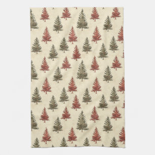 Rustic Woodland Pine Trees Olive Terracotta Cream Kitchen Towel