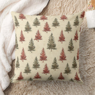 Rustic Woodland Pine Trees Olive Terracotta Cream Throw Pillow