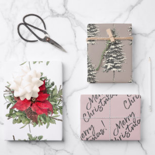 Rustic Woodland Poinsettia Merry Christmas Wrapping Paper Sheet