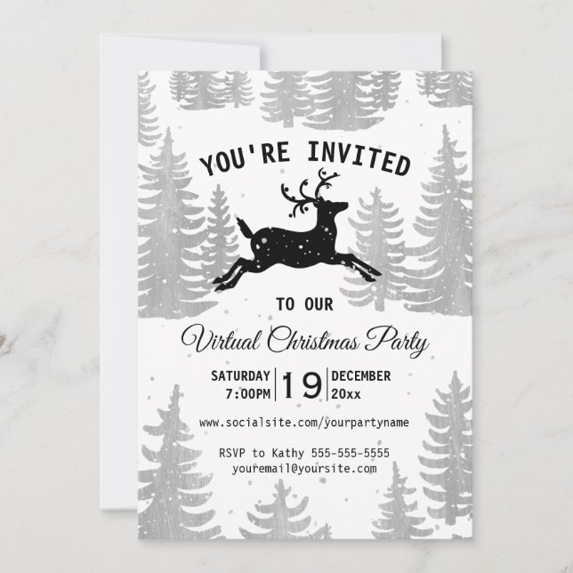Rustic Woodland Reindeer Virtual Christmas Party Invitation (Front)