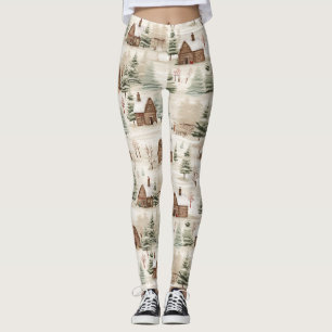 Rustic Woodland Scene Log Cabins, Trees, Snow Leggings