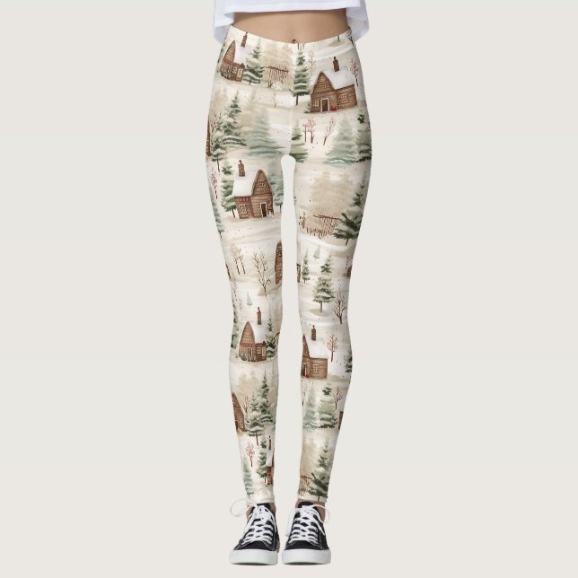 Rustic Woodland Scene Log Cabins, Trees, Snow Leggings (Front)