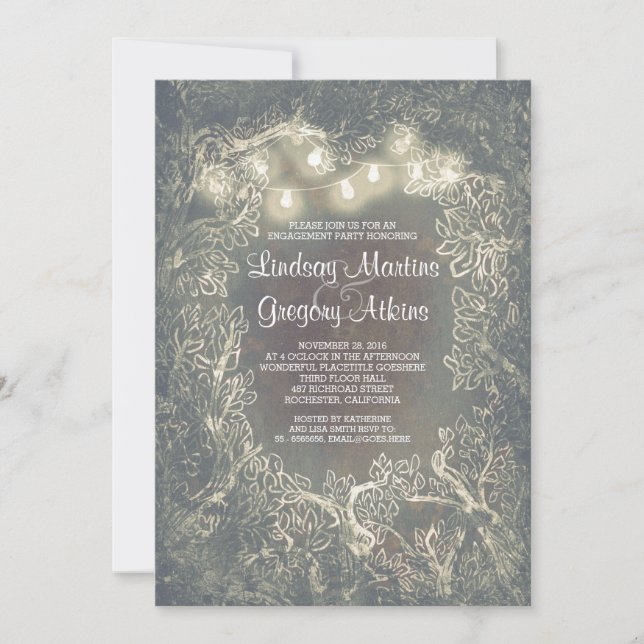 Rustic Woodland String Lights Engagement Party Invitation (Front)