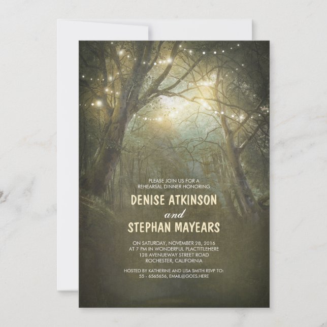 Rustic Woodland String Lights Rehearsal Dinner Invitation (Front)