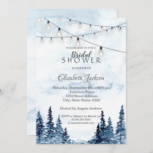 Rustic Woodland, String Lights, Watercolor Invitation (Front/Back)