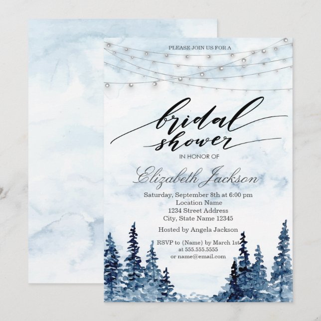 Rustic Woodland, String Lights, Watercolor Trees Invitation (Front/Back)