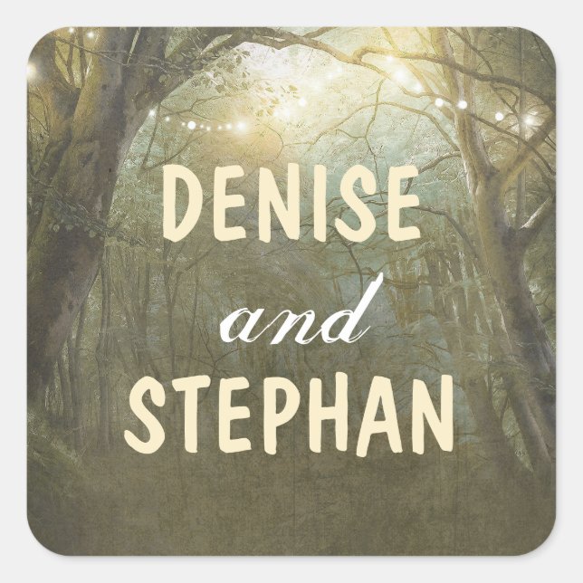 Rustic Woodland Tree String Lights Wedding Square Sticker (Front)