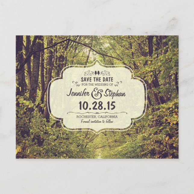 Rustic woodland trees path save the date postcards (Front)