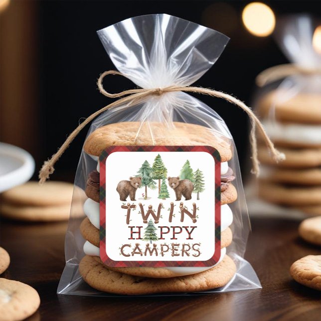 Rustic Woodland Twins One Happy Camper Favour  Square Sticker (Twin Happy Camper Favor Sticker)