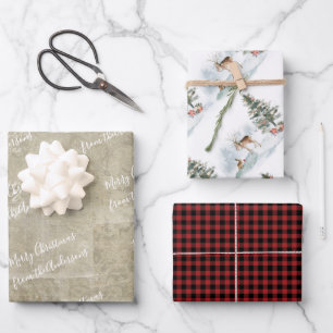 Rustic Woodland Watercolor Country Plaid with Name Wrapping Paper Sheet