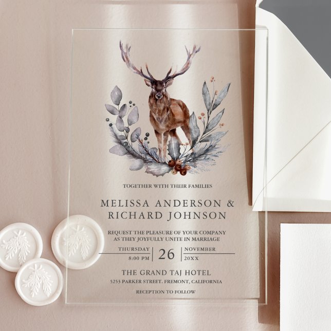 Rustic Woodland Watercolor Forest Deer Wedding Acrylic Invitations (Creator Uploaded)