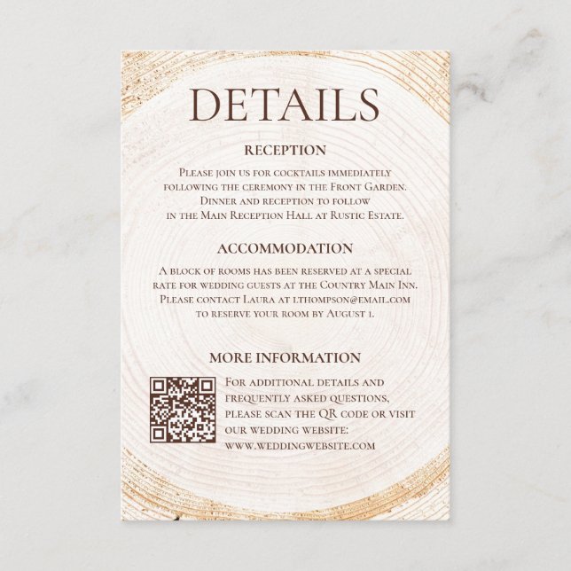 Rustic Woodland Wedding Details Card with QR code (Front)