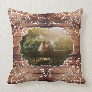 Rustic Woodland Wedding Photo Wood Panel Vintage Throw Pillow