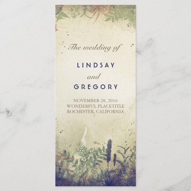 rustic woodland wedding programs navy (Front)