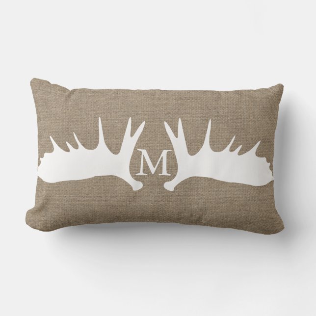 Rustic Woodland White Moose Antlers Faux Burlap Lumbar Pillow (Front)