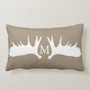 Rustic Woodland White Moose Antlers Faux Burlap Lumbar Pillow
