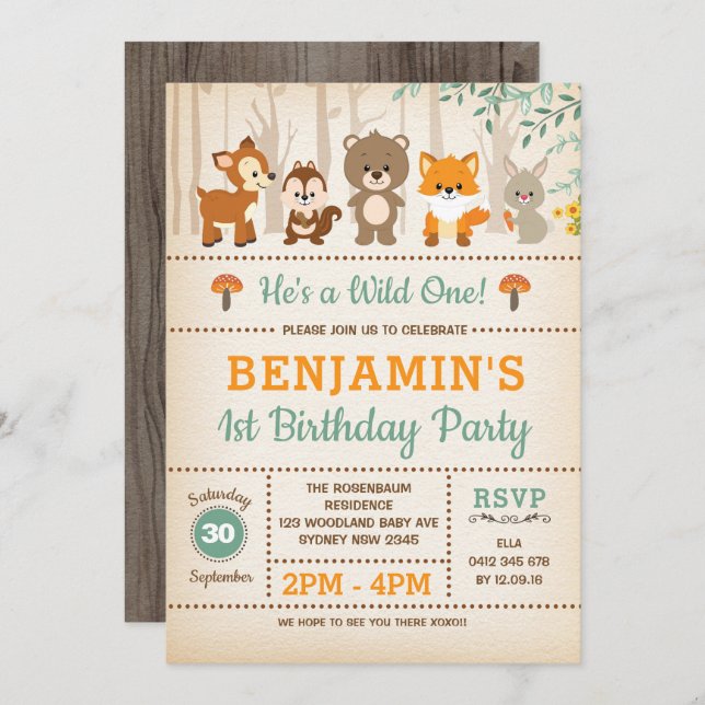 Rustic Woodland Wild One Forest Animals Birthday Invitation (Front/Back)