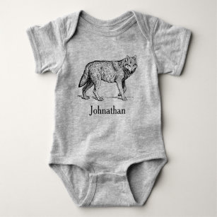 Rustic Woodland Wolf & Baby's Name Baby Bodysuit