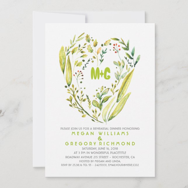 Rustic Woodland Wreath Heart Rehearsal Dinner Invitation (Front)