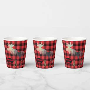 Rustic Woods Moose Red Plaid Add Name  Paper Cups