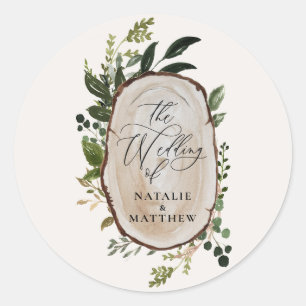Rustic WoodSlice Greenery Botanical Wedding Rustic Classic Round Sticker