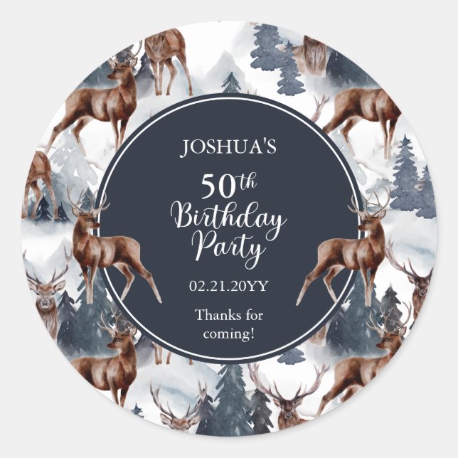 Rustic Woodsy Deer | Forest 50th Birthday Party Classic Round Sticker (Front)