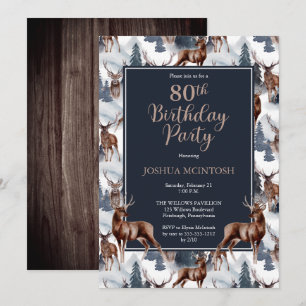 Rustic Woodsy Deer   Forest 80th Birthday Party Invitation