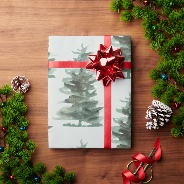 Rustic Woodsy Green Watercolor Winter Pine Tree Wrapping Paper (Holiday Gift)