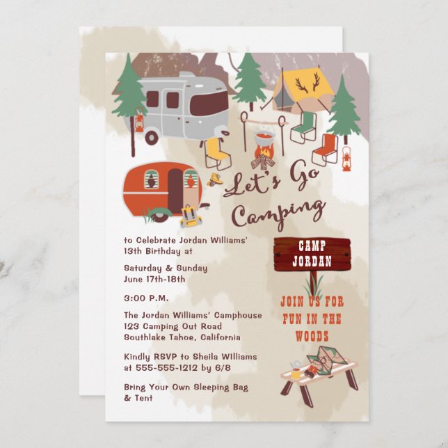 Rustic Woodsy Lets Go Camping 13th Birthday Party Invitation (Front/Back)