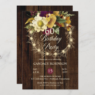 Rustic Woodsy Lighted Wreath 60th Birthday Party Invitation