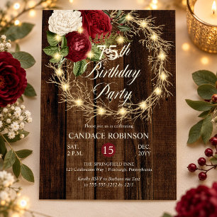 Rustic Woodsy Lighted Wreath 75th Birthday Party Invitation