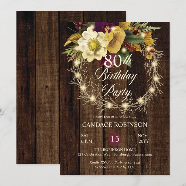 Rustic Woodsy Lighted Wreath 80th Birthday Party Invitation (Front/Back)