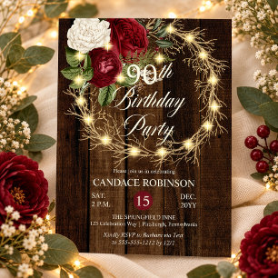 Rustic Woodsy Lighted Wreath 90th Birthday Party Invitation