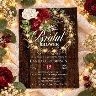 Rustic Woodsy Lighted Wreath Bridal Shower Invitation