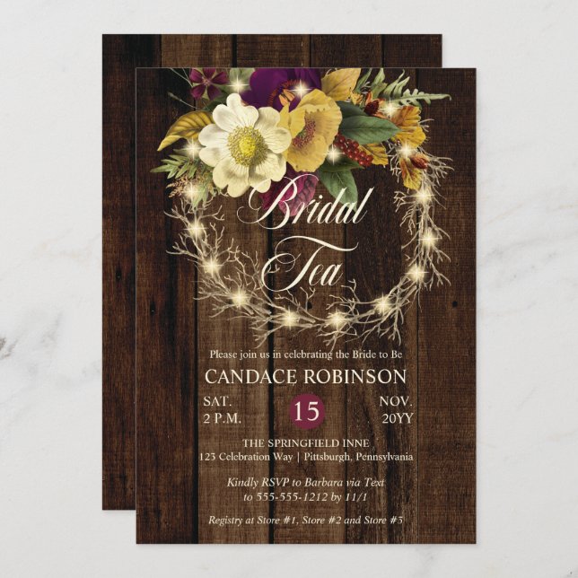 Rustic Woodsy Lighted Wreath Bridal Tea Invitation (Front/Back)