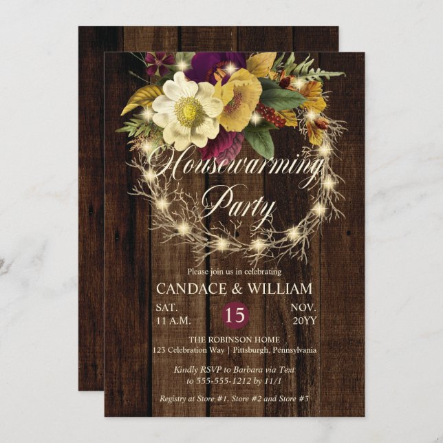 Rustic Woodsy Lighted Wreath Housewarming Party Invitation (Front/Back)