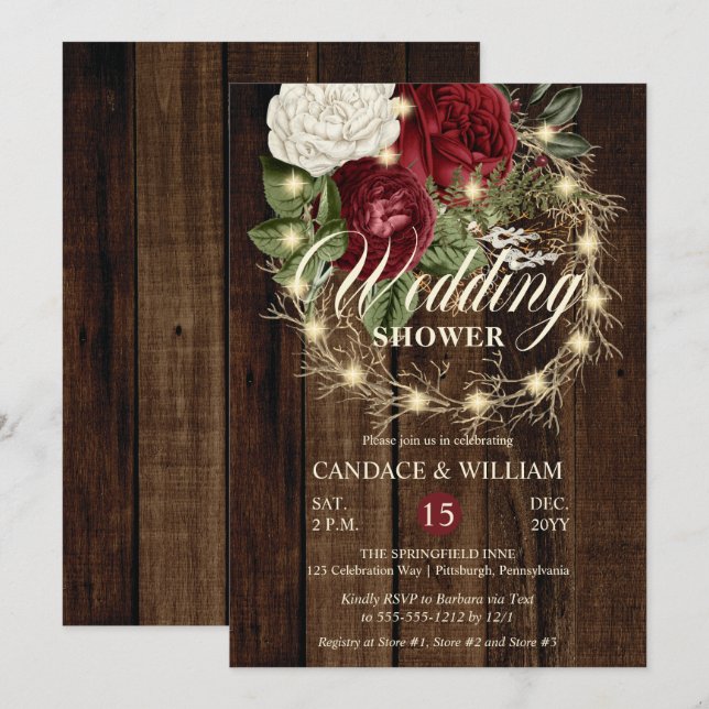 Rustic Woodsy Lighted Wreath Wedding Shower Invitation (Front/Back)