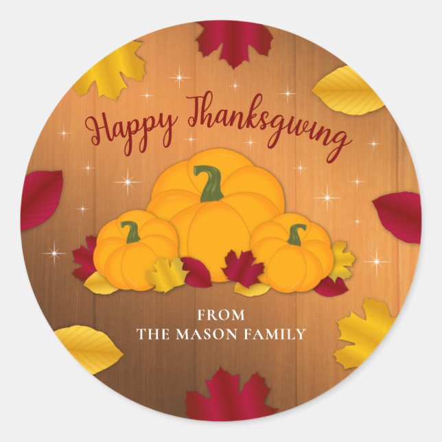 Rustic Woodsy Thanksgiving Pumpkins Fall Leaves Classic Round Sticker (Front)