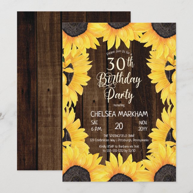 Rustic Woodsy Wood| Sunflowers 30th Birthday Party Invitation (Front/Back)