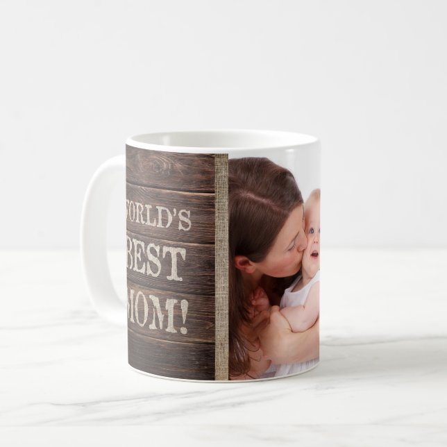 Rustic World's Best Mom Custom Photo Mother's Day Coffee Mug (Front Left)